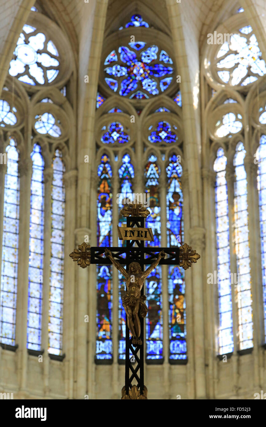 Jesus Christ on the cross. Grid of the choir. Amiens Cathedral. Stock Photo