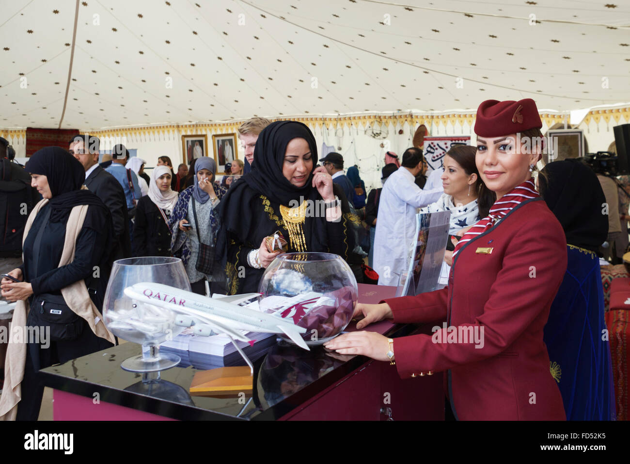 A Qata Middle Eastern cultural event, with Qata Airways, at the EID festival in London UK. Middle East. Arabian people. Stock Photo