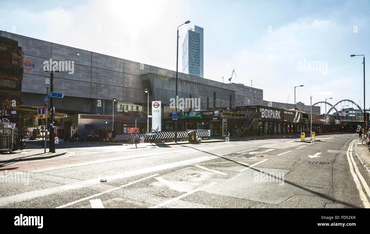 Shoreditch High Street, with BoxPark (retail shopping) in the distance, London, UK. Stock Photo