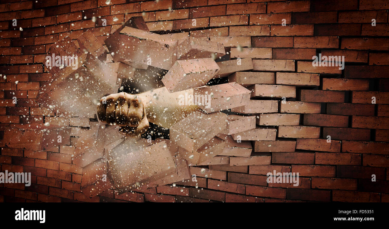 Human hand breaking brick wall. Strength and power Stock Photo Alamy