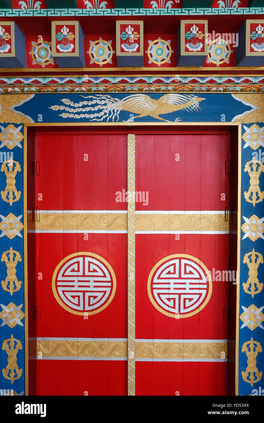 Temple of the Thousand Buddhas. Dashang Kagyu Ling congregation. Pagoda door. Stock Photo