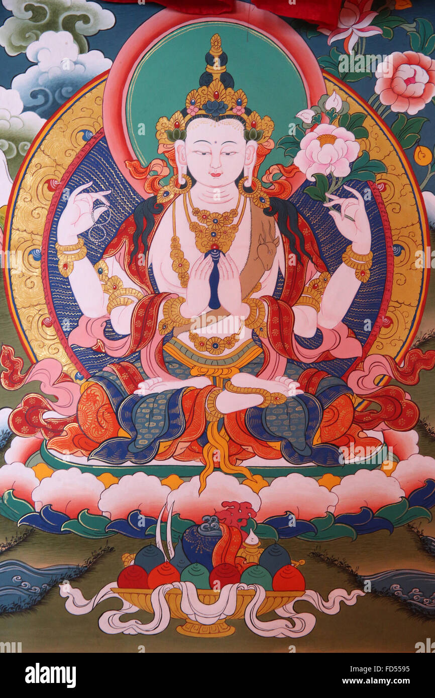 Shedrub Choekhor Ling monastery. Tibetan thanka. White Tara Stock 