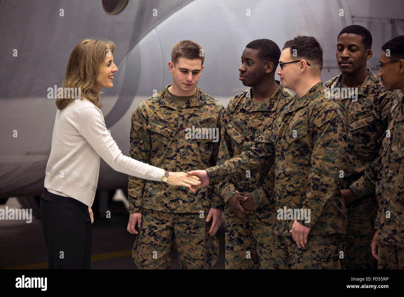 U.S. Ambassador to Japan Caroline Kennedy greets Marines of Marine Aerial Refueler Transport Squadron during a visit to Marine Corps Air Station January 28, 2016 in Iwakuni, Japan. Stock Photo