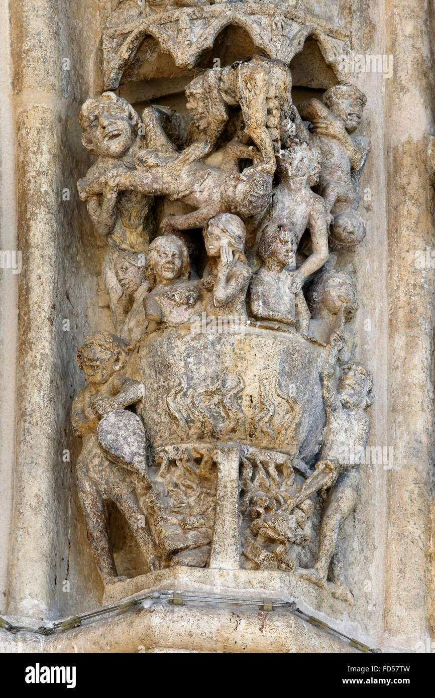 Notre-Dame d'Amiens cathedral. Western facade. The last judgement. Depiction of Hell. Stock Photo