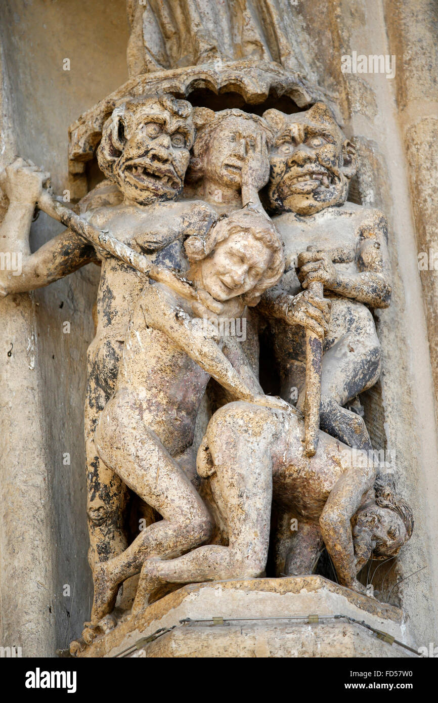Notre-Dame d'Amiens cathedral. Western facade. The last judgement. Depiction of Hell. Stock Photo