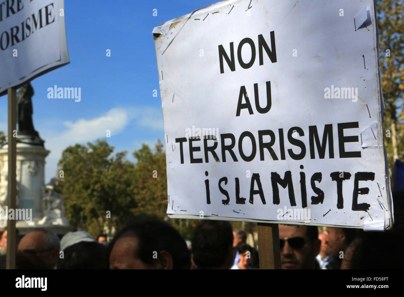 Panel : "No to Islamic terrorism."Demonstration against terrorism. Tribute to HervŽ Gourdel, French hiker, murdered by Jihadists Stock Photo