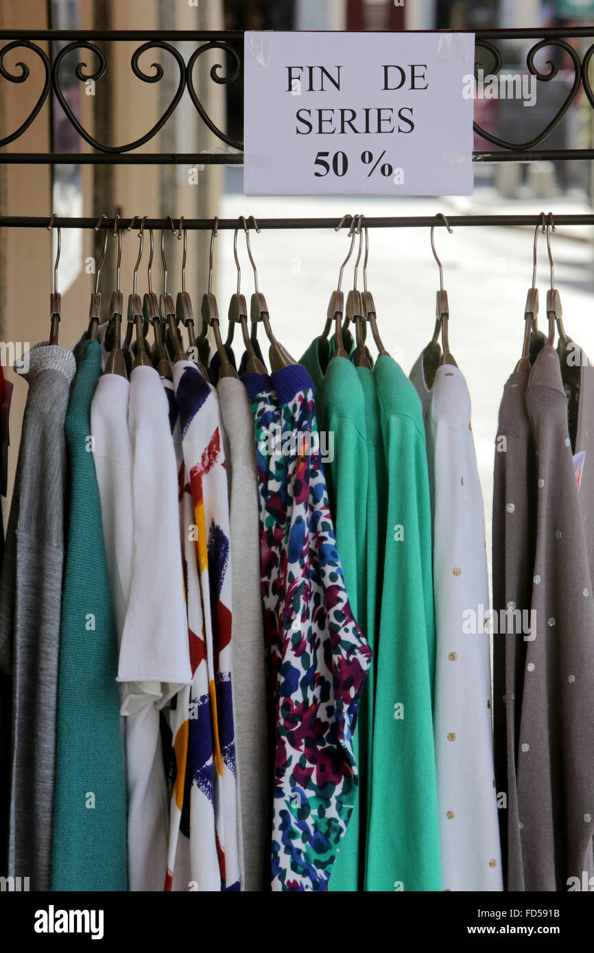 Clothing store. End of series. 50%. Stock Photo