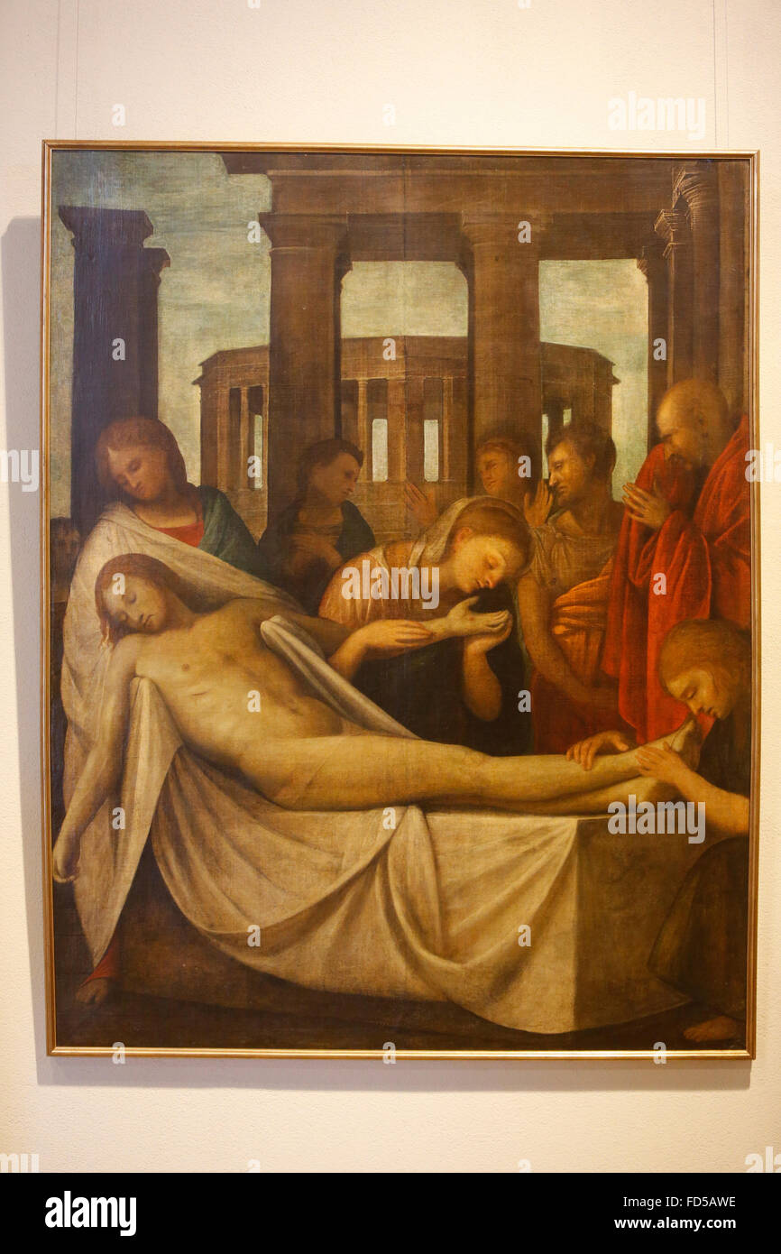 Sforza castle museum, Milan. Jesus laid down from the cross. Bartolomeo Suardi called Bramantino, 1515-1520. Oil on wood. Stock Photo