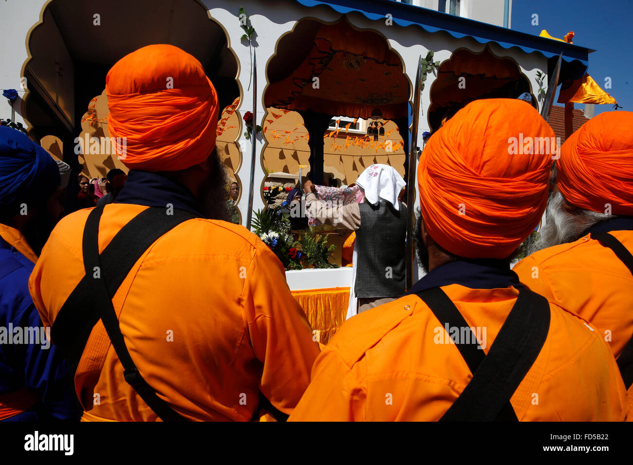 Hola Mohalla, the sikh new year, in Bobigny, France. The Panj Pyare ('five beloved ones') at the start of the procession. The sa Stock Photo