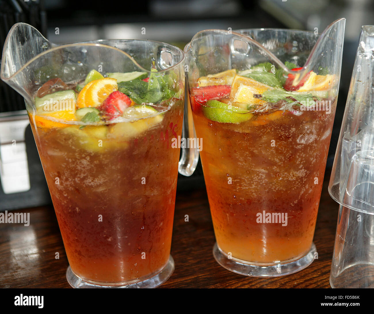 Jugs of Pimms Summer fruit alcohol drink Stock Photo Alamy