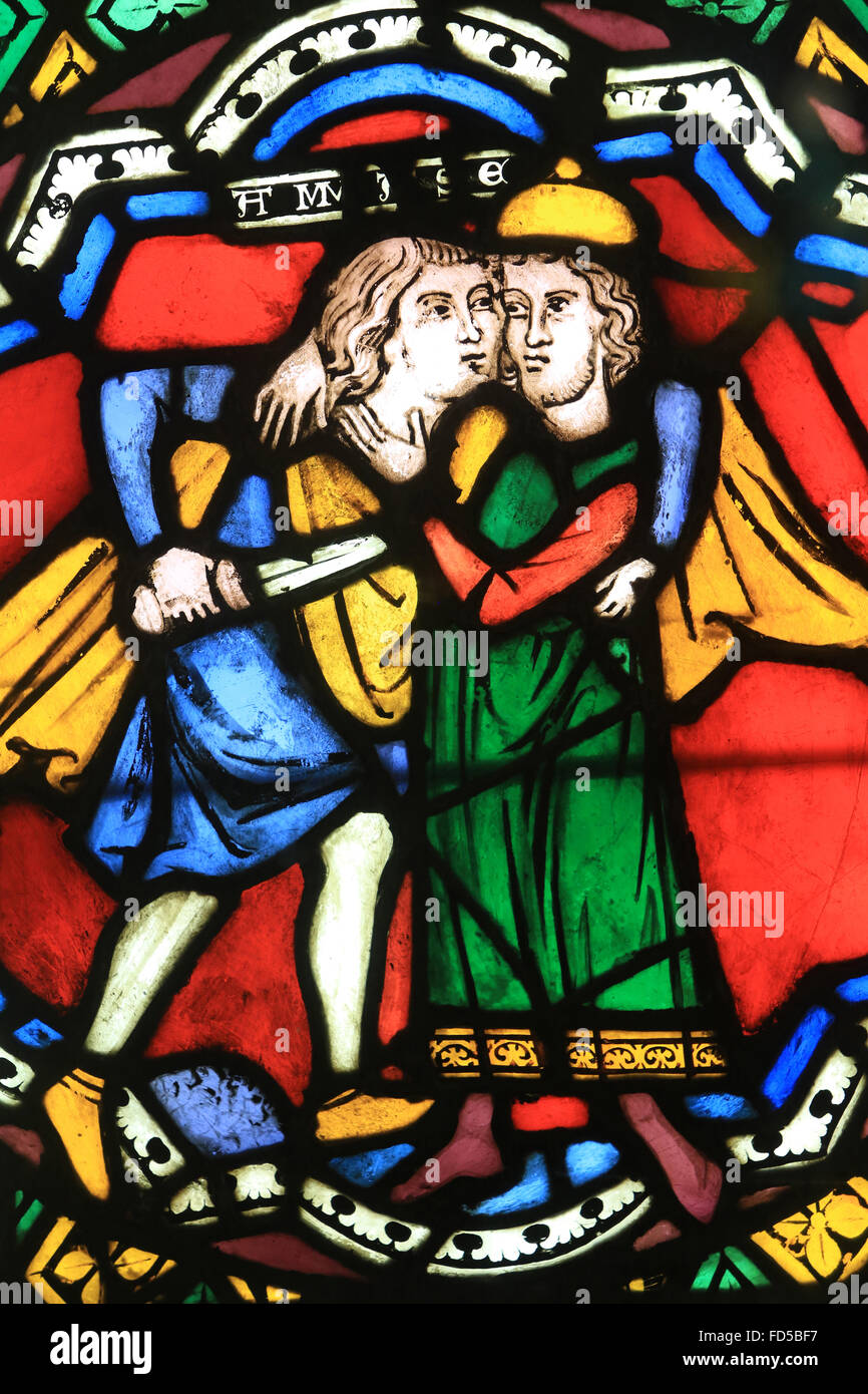 The king kills Joab General Amase. Scene from the Old Testament and the legend of St. Thomas. (1270). Gothic stained glass windo Stock Photo
