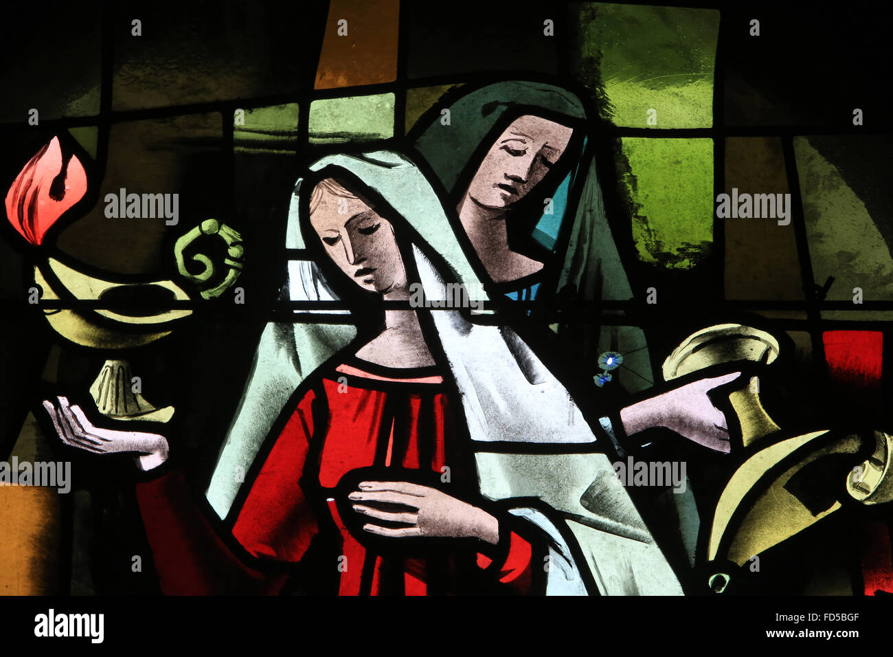 The Visitation. Stained glass window. 1963. Max Ingrand. St. Ulrich church. Altenstadt. Wissembourg. Stock Photo