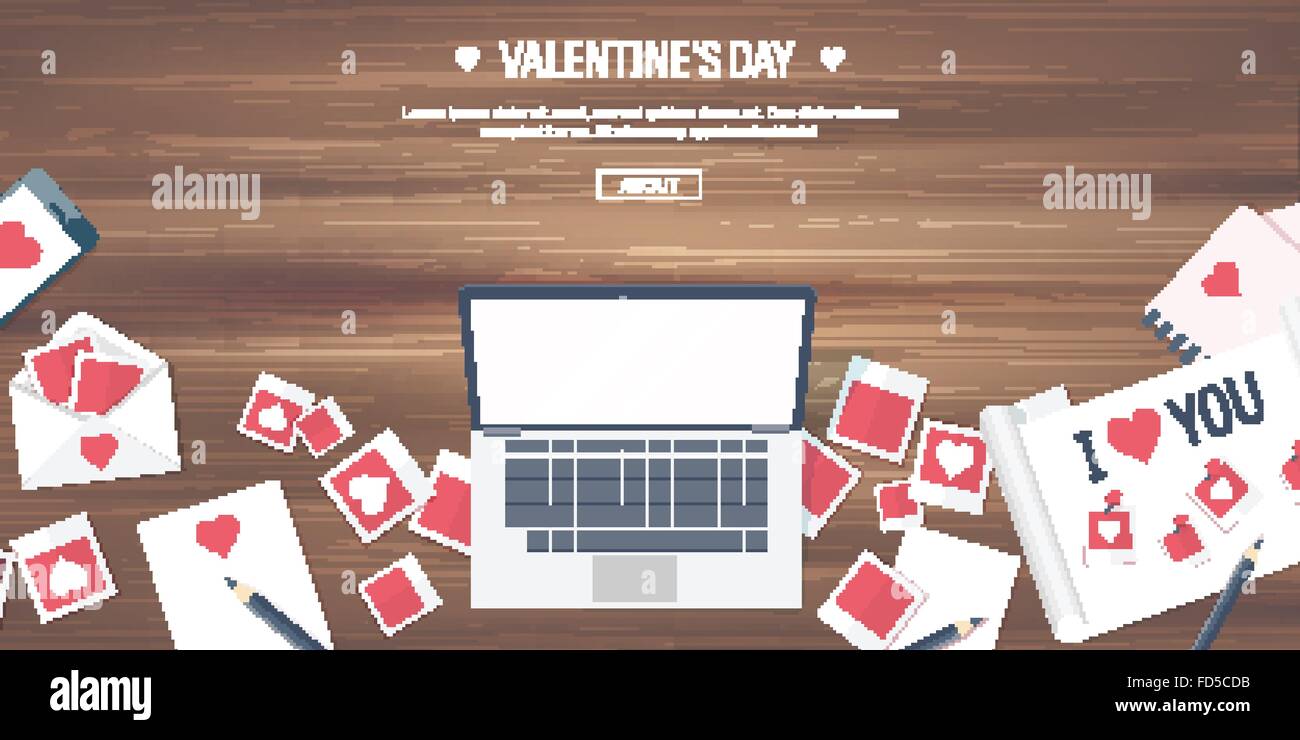 Vector illustration. Flat background with computer, laptop. Love ...