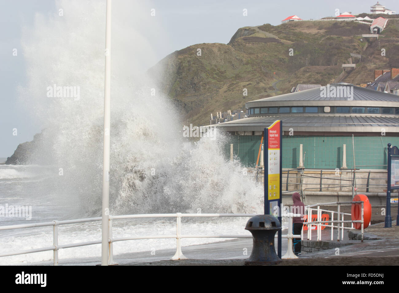 Aberystwyth, Ceredigion, West Wales, UK. 28th January, 2016. UK Weather: whilst the gale force winds from Storm Jonas have died down the sea is still pounding the coastline and with the sun breaking people have come out to watch and photograph the rough seas. Credit:  Trebuchet Photography / Alamy Live News Stock Photo