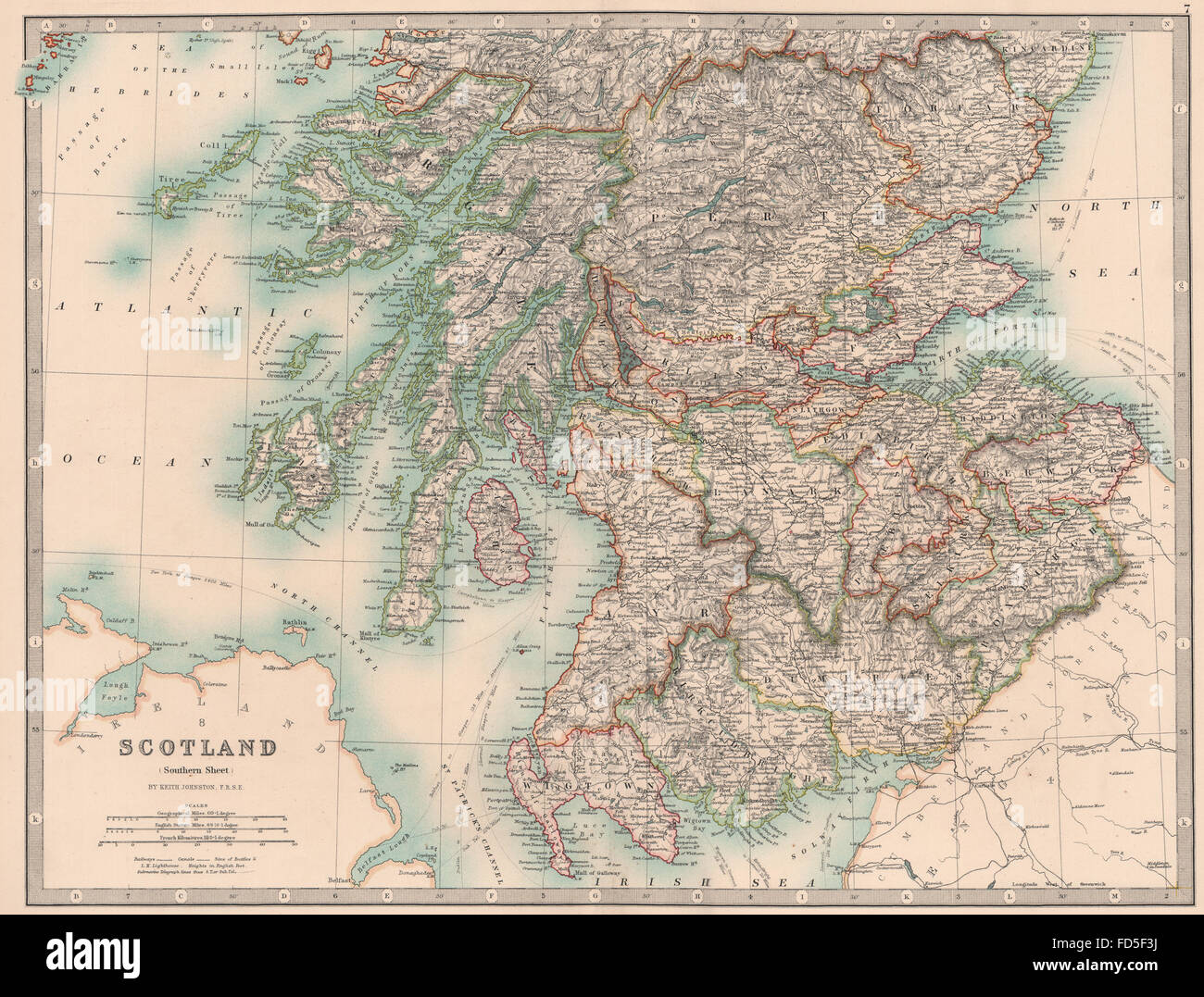 SCOTLAND SOUTH: Borders Argyll Perthshire Fife Forfar Lanark.JOHNSTON, 1906 map Stock Photo