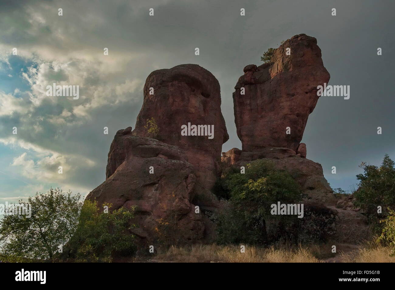 Belogradchik rock - two rock shape in backsunlight, Bulgaria Stock ...