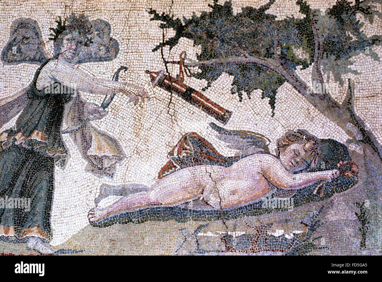 Eros, the Greek God of Love (or Roman Cupid) and Psyche a mortal Woman in Greek Mythology who became Eros' Wife. Roman Floor Mosaic (c3rd AD) from Samandag, Hatay, Turkey. The Mosaic is on Display in the Hatay Archaeology Museum in Antakya Stock Photo