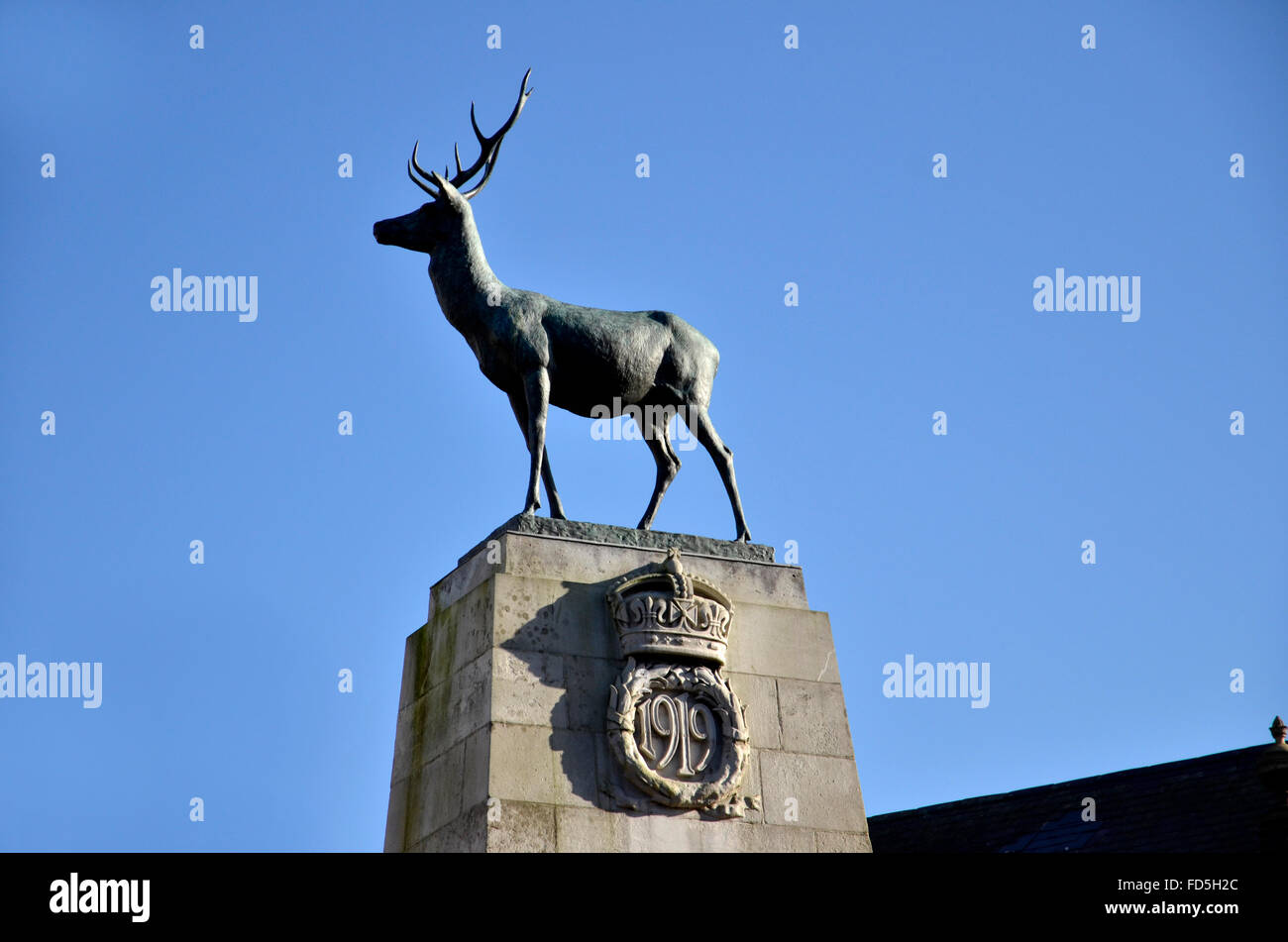 The stag statue and war memorial in Parliament Square in the centre of Hertford, Hertfordshire Stock Photo