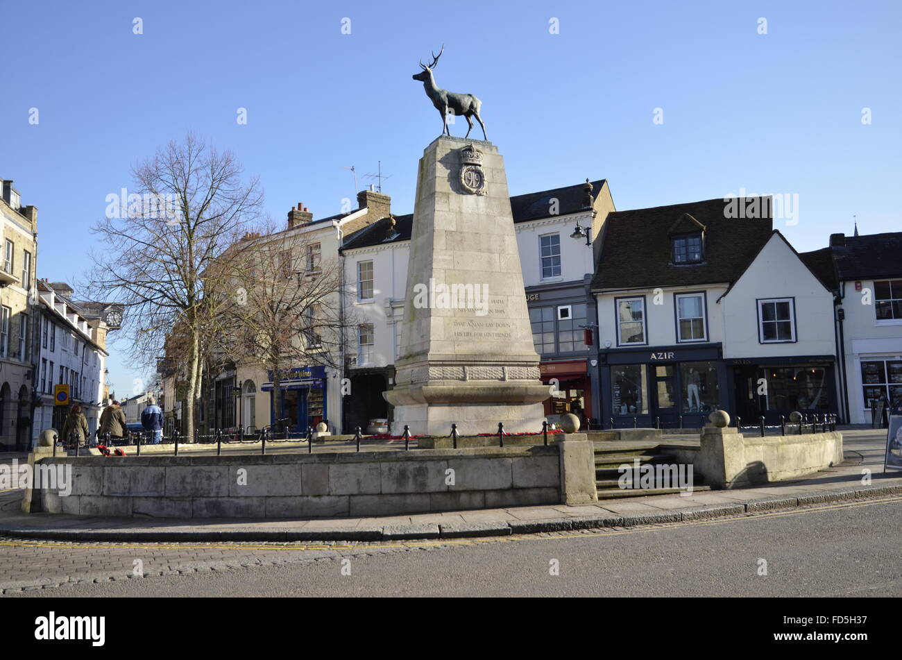 The stag statue and war memorial in Parliament Square in the centre of Hertford, Hertfordshire Stock Photo
