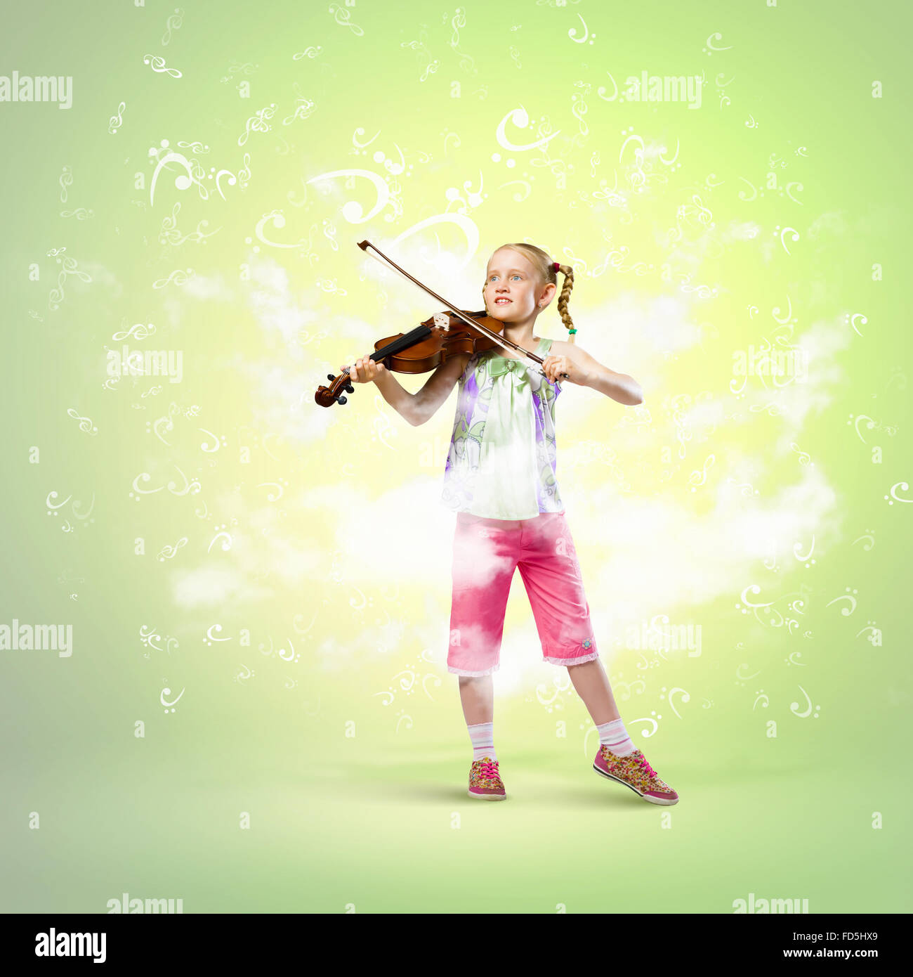 Image of cute girl playing violin against blue background Stock Photo ...