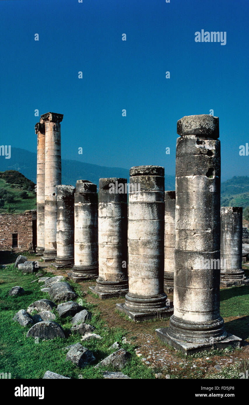 Classical Columns of the Ruined Temple of Artemis at Sardis or Sardes, the ancient City Capital of Lydia, Turkey Stock Photo