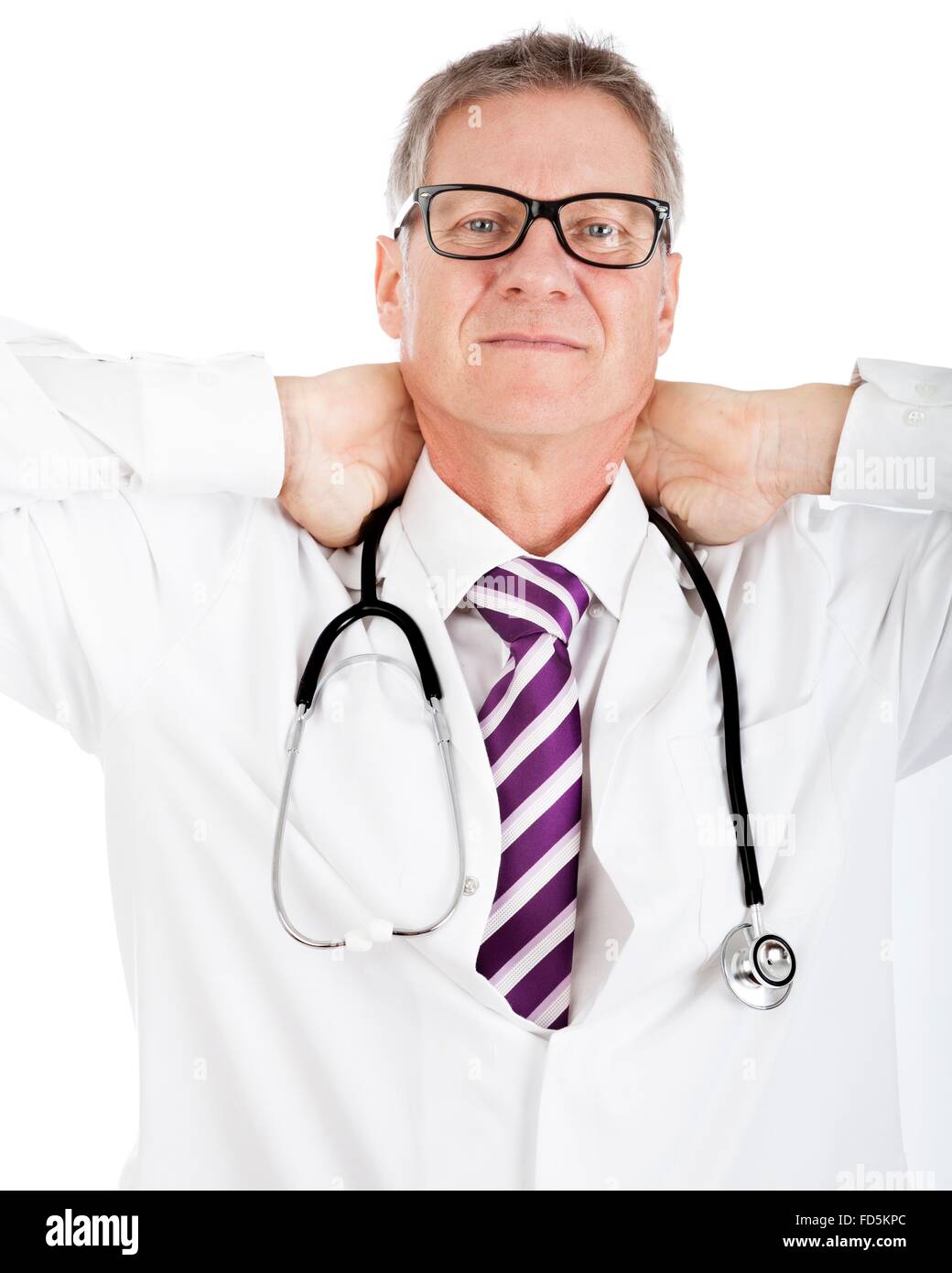 Tired Medical Doctor having Stethoscope on Shoulders Holding his Back