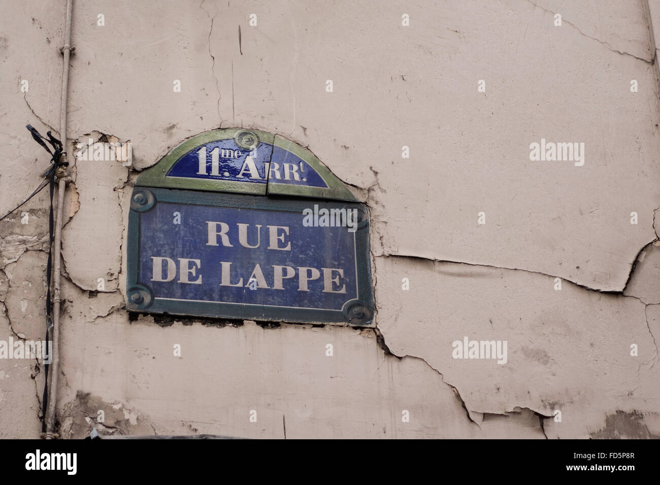 Rue de Lappe, 11th arrondisement vintage metal street sign, Paris, France. Stock Photo