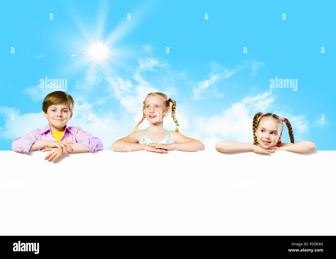 Image of cute kids holding blank white banner. Place for text Stock ...