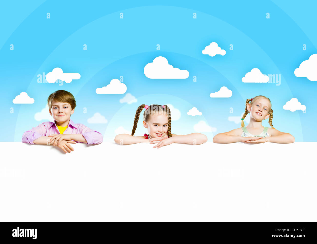 Image of cute kids holding blank white banner. Place for text Stock ...