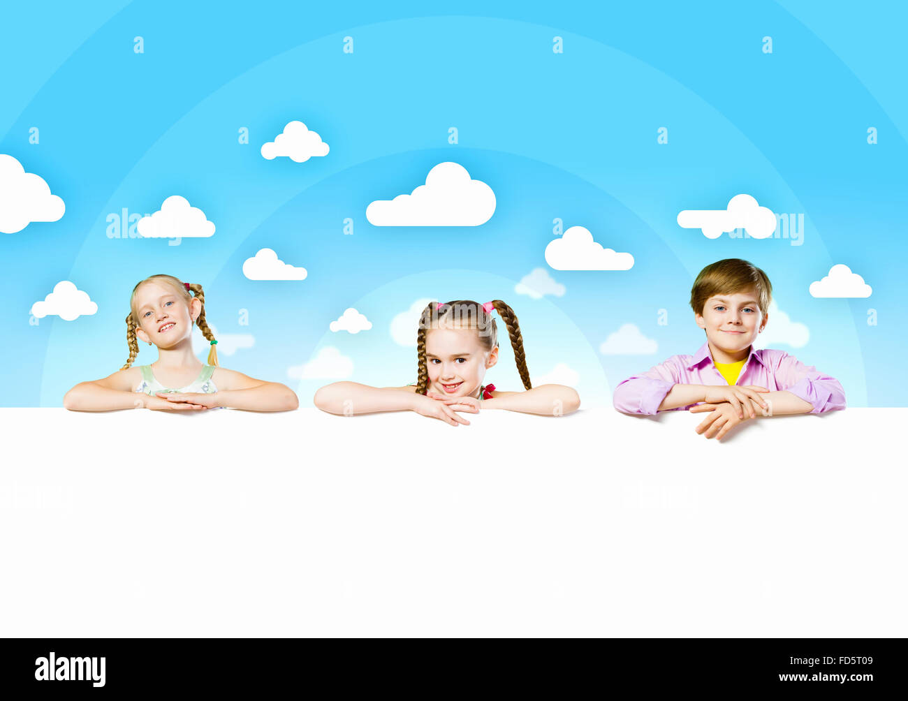 Image of cute kids holding blank white banner. Place for text Stock ...