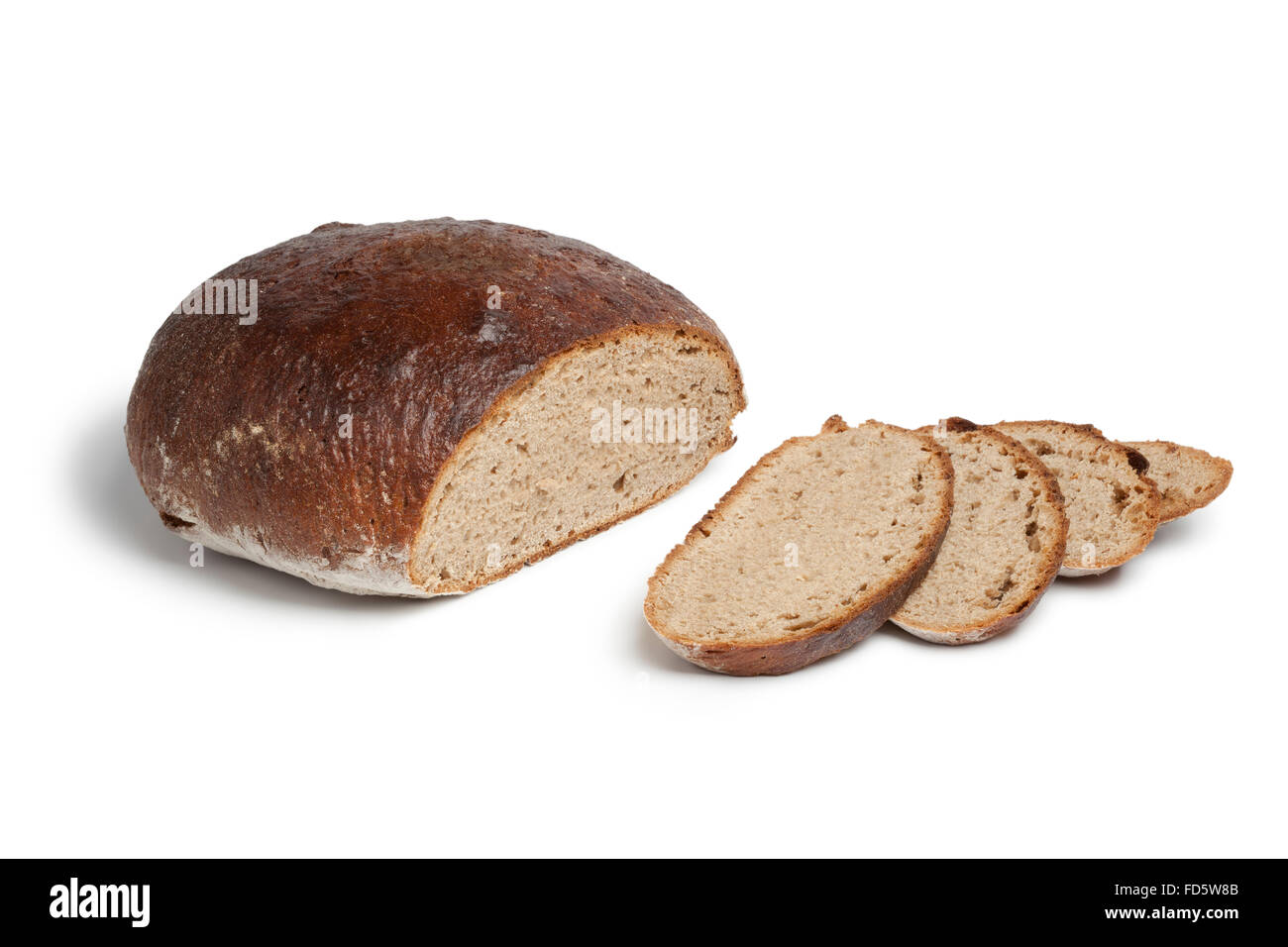 Fresh German sour dough bread and slices on white background Stock Photo