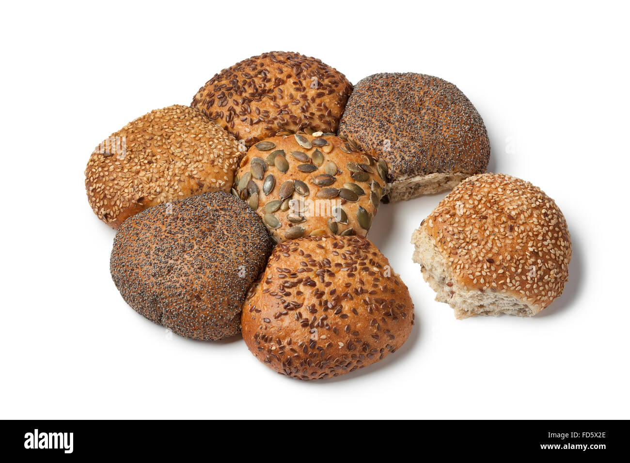 Fresh flower bread with different seeds on white background Stock Photo