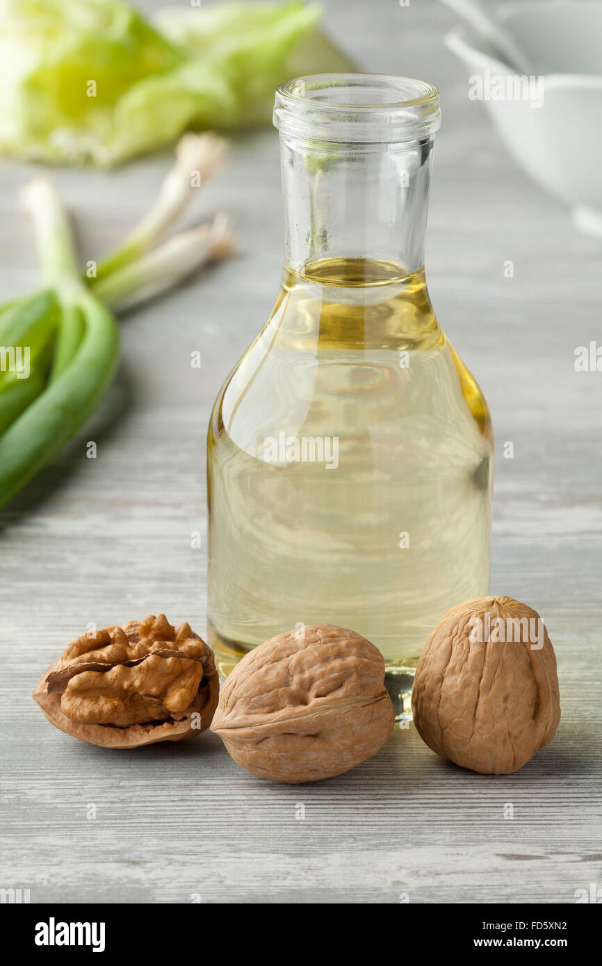 Bottle of walnut oil ready to use for a salad Stock Photo