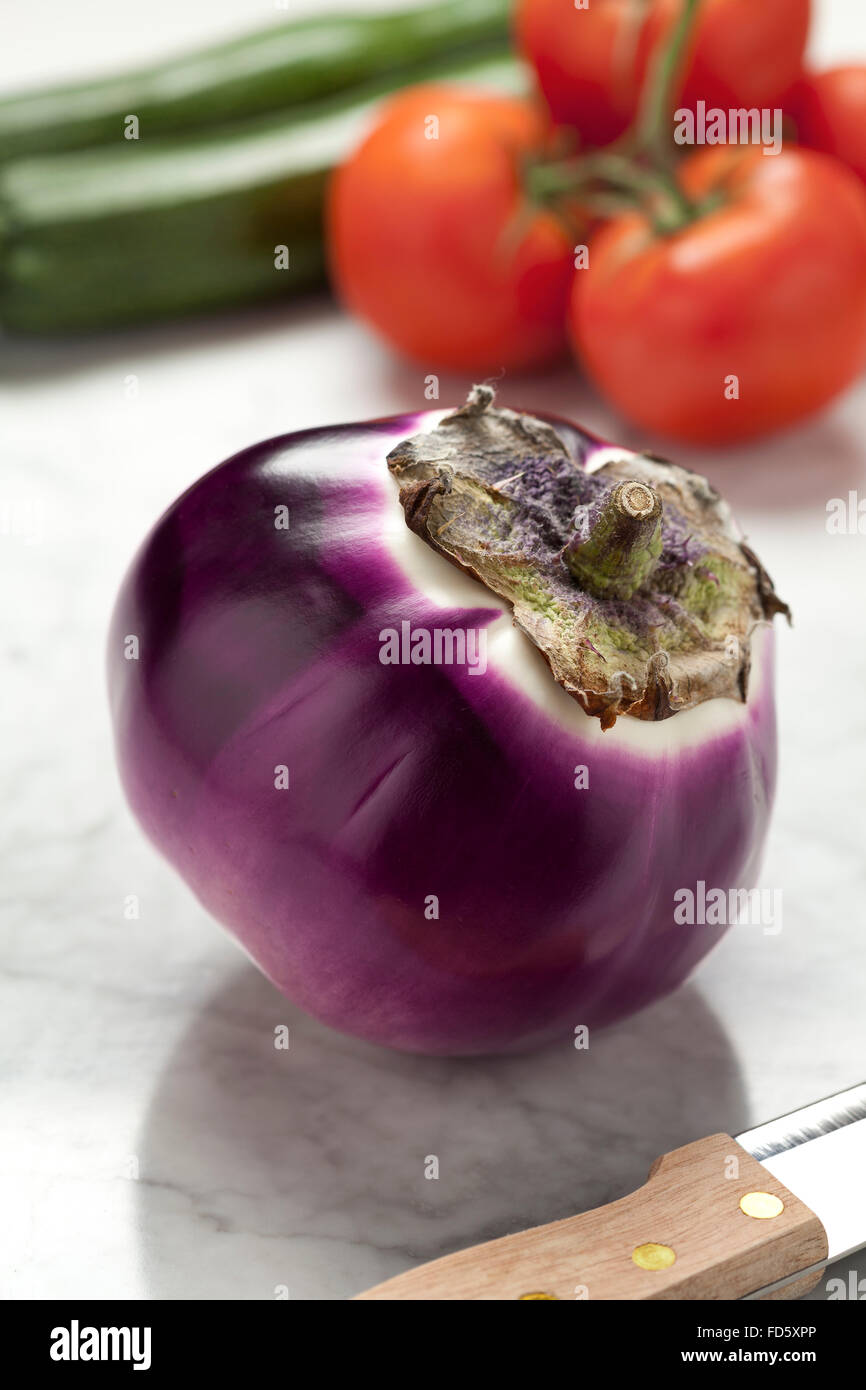 Fresh round purple eggplant Stock Photo
