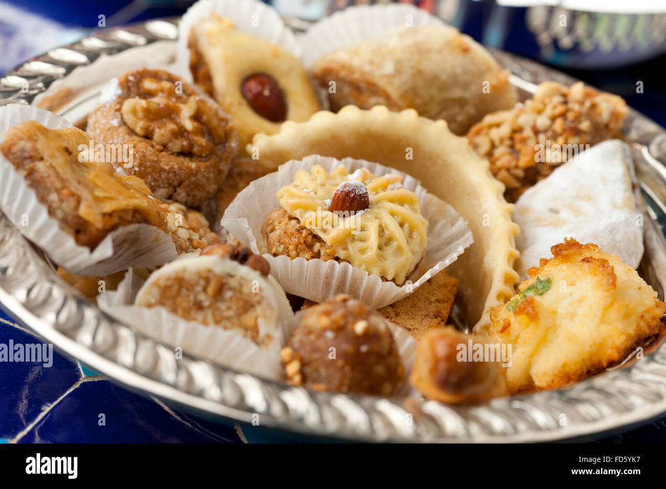 Traditional fresh Moroccan cookies on a silver plate Stock Photo