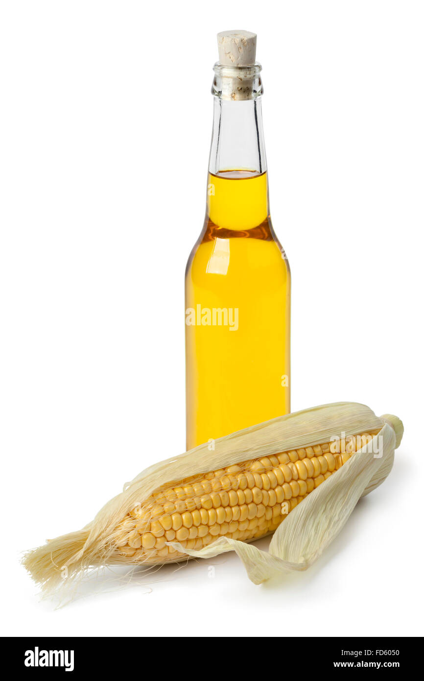 Maize oil and sweet corn on white background Stock Photo