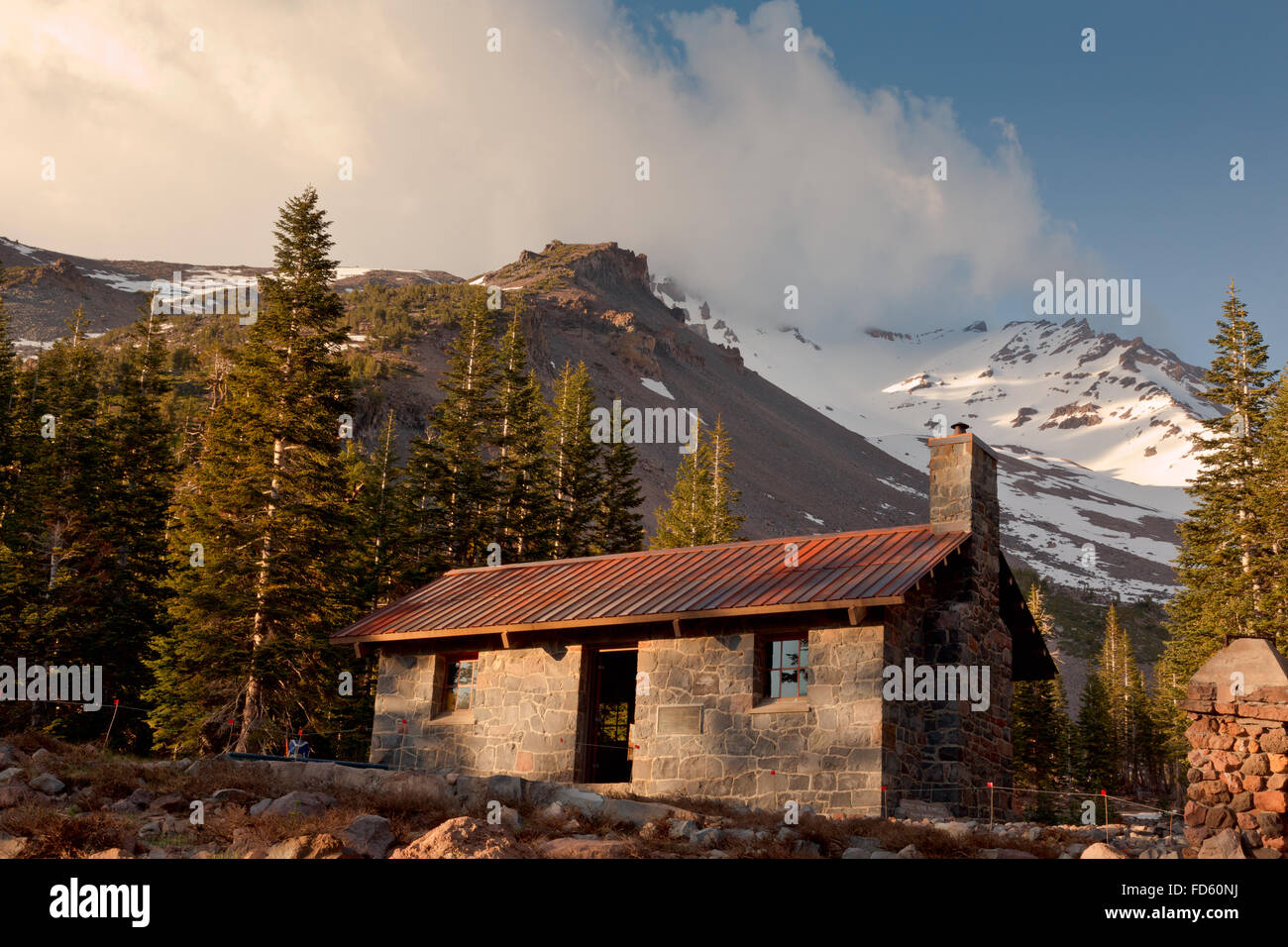 CALIFORNIA - Evening at the Sierra Club shelter cabin at Horse Camp below the main Mount Shasta climbing route; Avalanche Gulch. Stock Photo