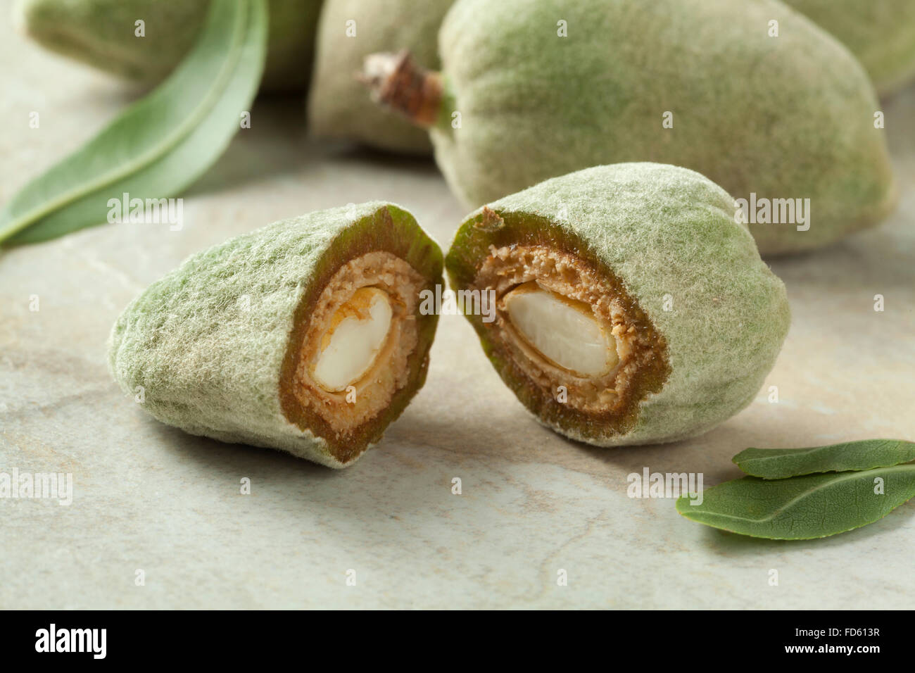 Fresh raw green almonds Stock Photo