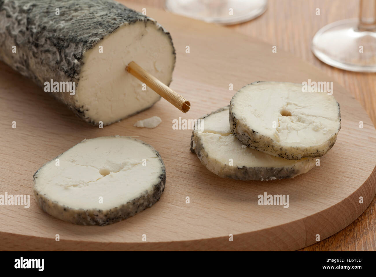 Fresh Sainte-Maure de Touraine and a slice close up Stock Photo