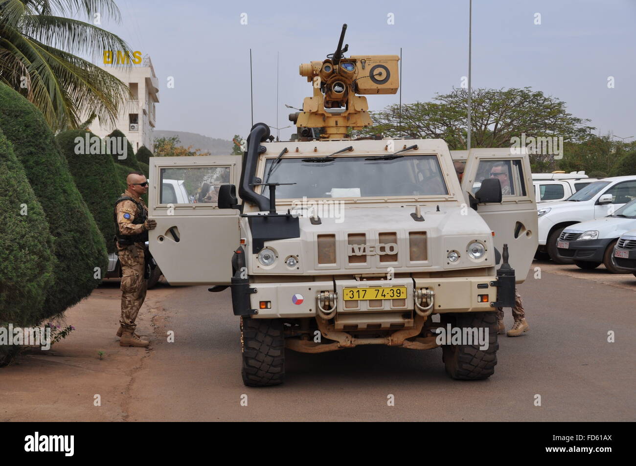 Czech Defence Minister Martin Stropnicky (not pictured) visited the Czech troops protecting the command of the European Union Training Mission in Mali (EUTM) and also conducting some training in the country, in Bamako, Mali, January 28, 2016. Since the beginning of the year, the first members of the Czech special forces have also been in the northern part of the country. The Czech military also takes part in The United Nations Multidimensional Integrated Stabilization Mission in Mali (MINUSMA) in northeastern Mali where there are fightings with Islamic militants.In all, the Czech Republic will Stock Photo