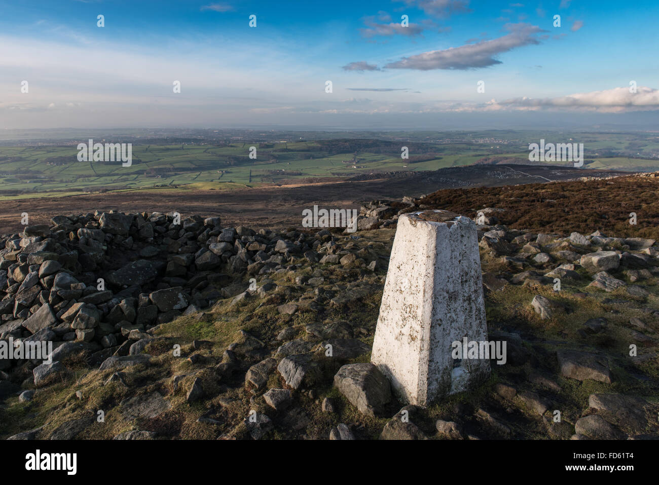 Summit shelter and Trigpoint Clougha Pike Forest of Bowland Stock Photo