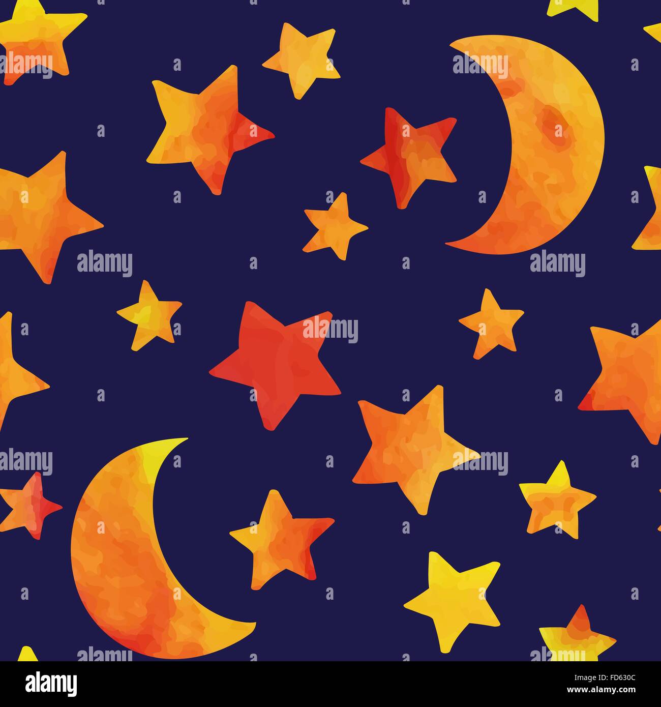 Seamless pattern with moon and stars. Watercolor effect. Vector illustration. Stock Vector