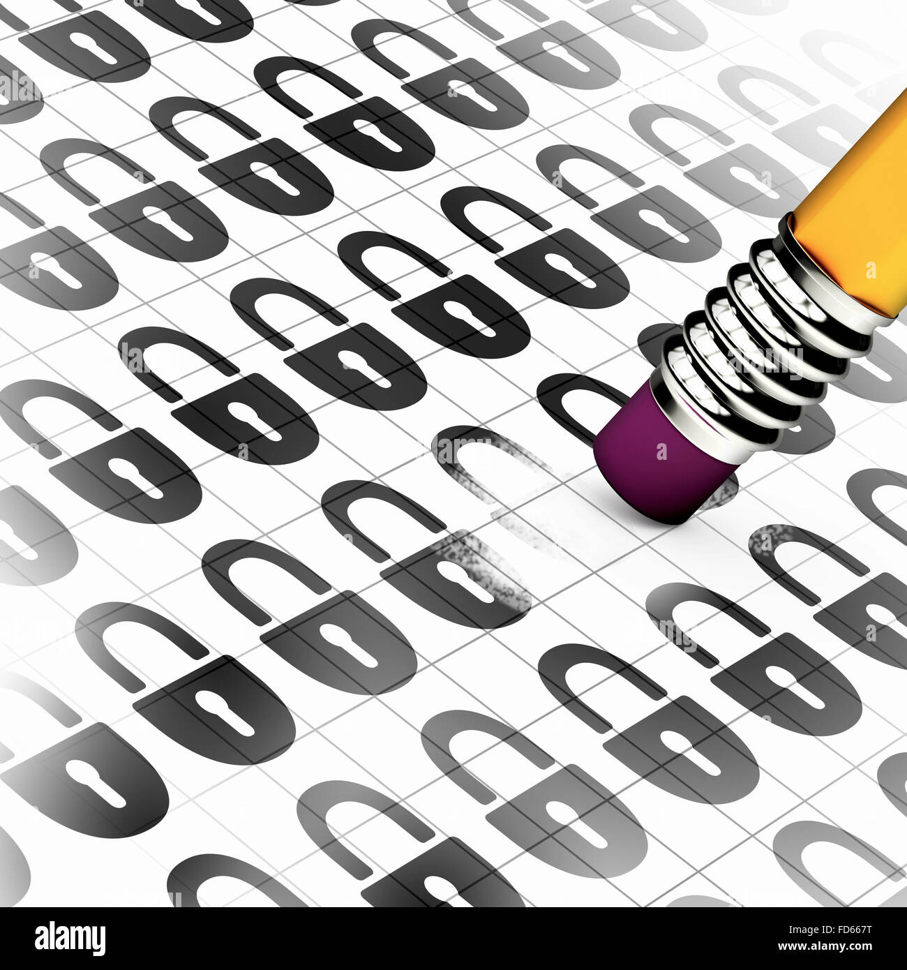 Pencil with rubber erasing illustration of lock Stock Photo - Alamy