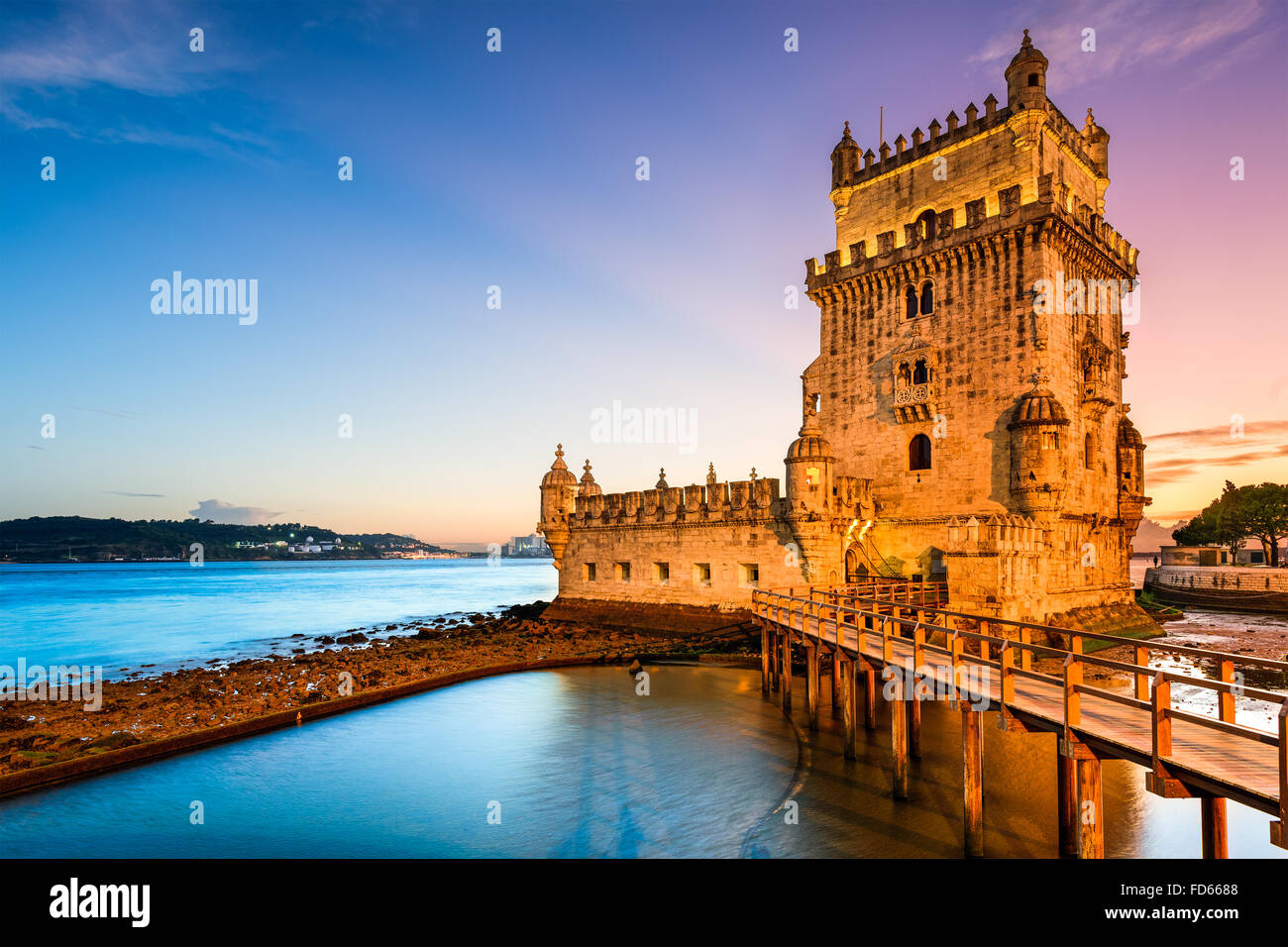 Lisbon, Portugal at Belem Tower on the Tagus River. Stock Photo