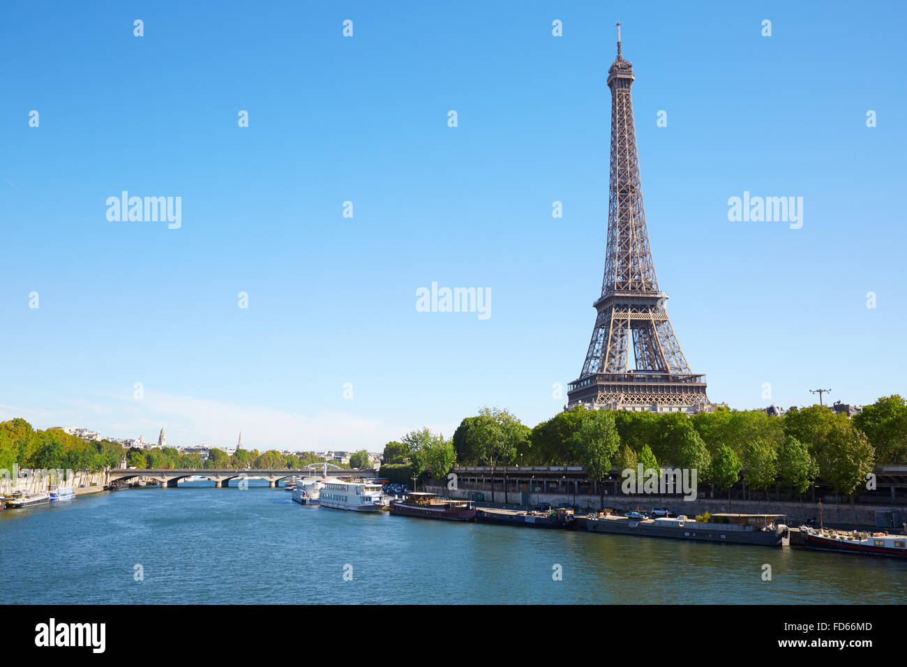 Eiffel tower and Seine river in a clear sunny day in Paris Stock Photo