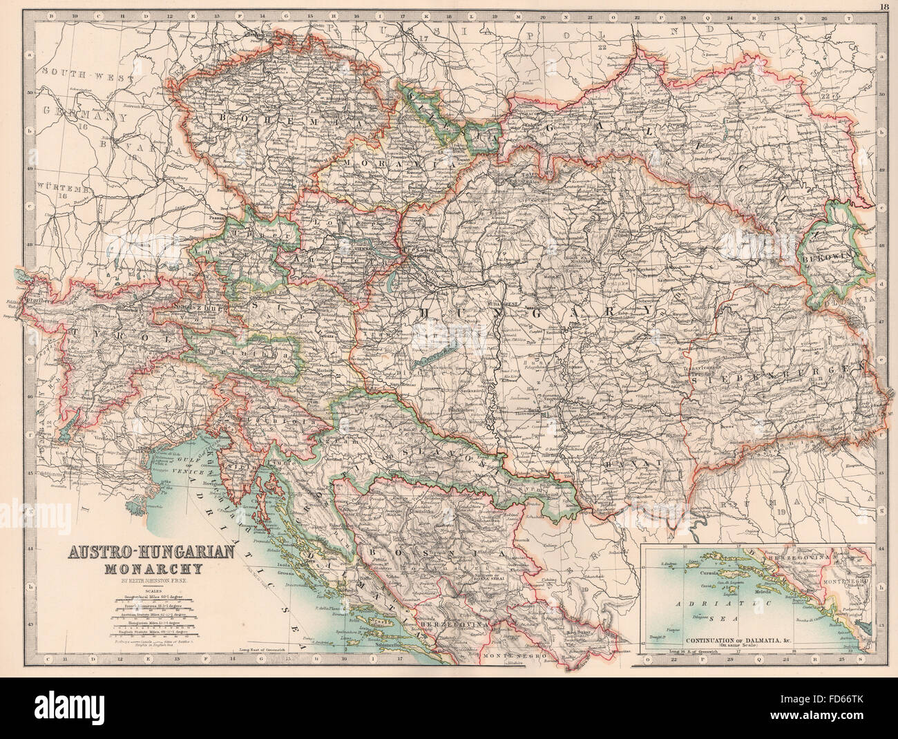 AUSTRO-HUNGARIAN MONARCHY: Provinces Railways Canals. JOHNSTON, 1906 old map Stock Photo