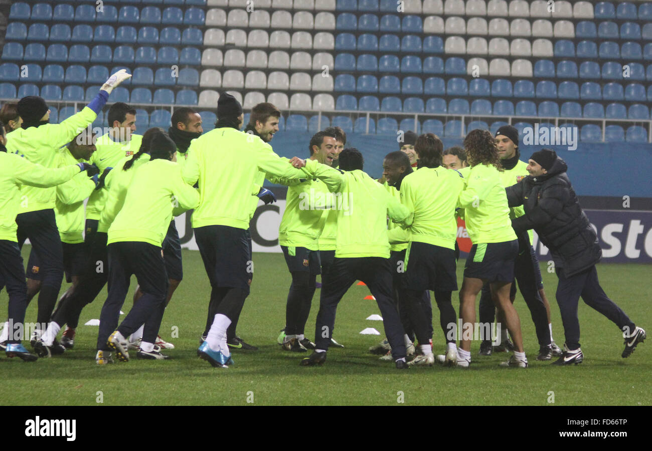 FC Barcelona players having fun during training session before UEFA Champions League football match against Dynamo Kyiv Stock Photo