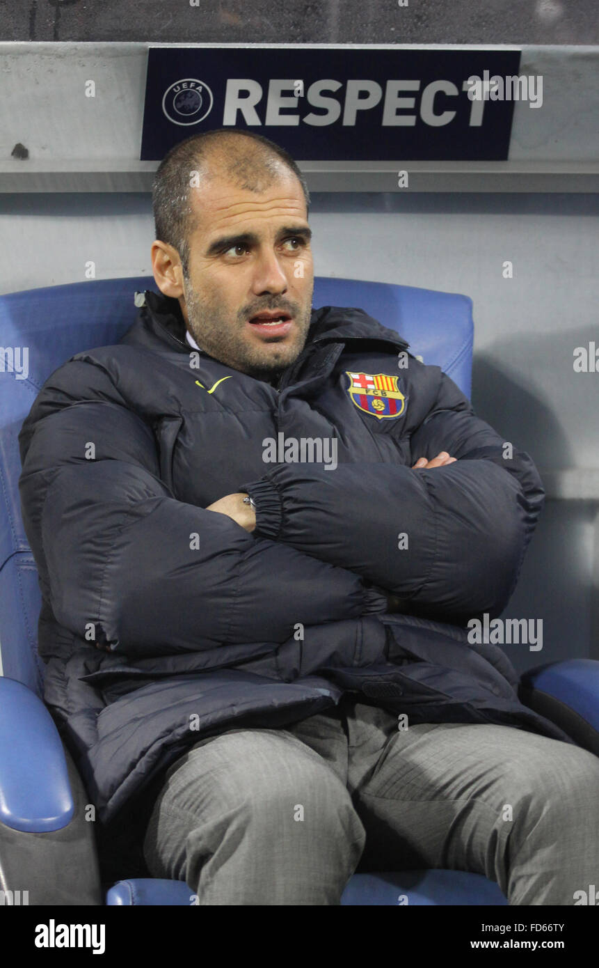 Head coach of FC Barcelona Josep Guardiola looks on during UEFA Champions League football match against Dynamo Kiev Stock Photo