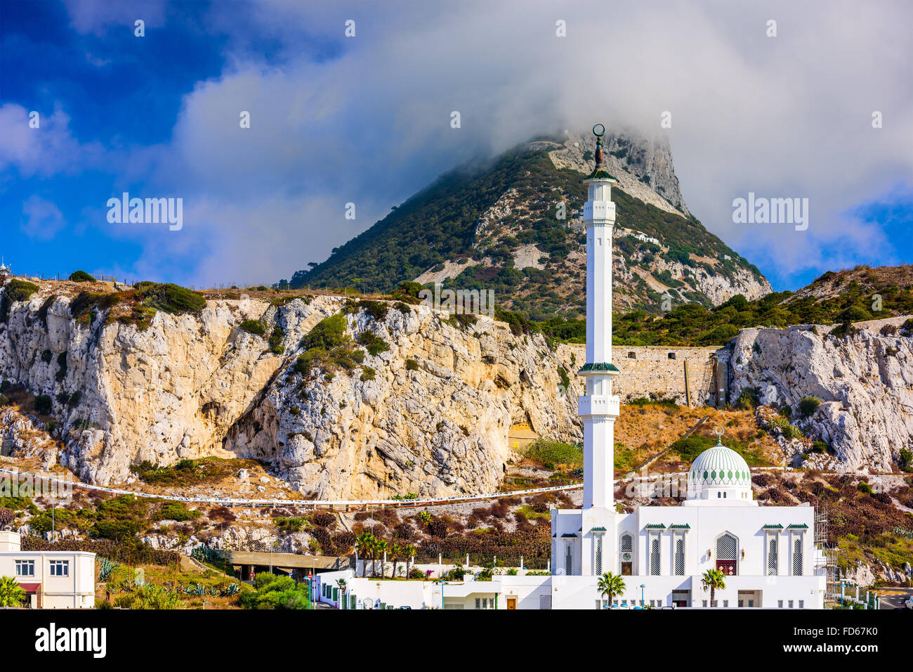 Rock of Gibraltar and Ibrahim-al-Ibrahim Mosque. Stock Photo