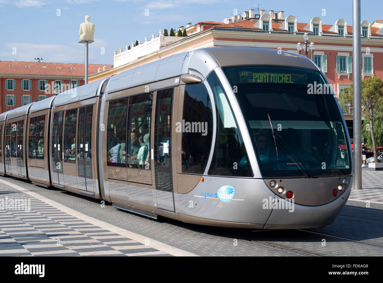 Modern tram in the centre of Nice, France - Place Massena, new landmark of the town Stock Photo